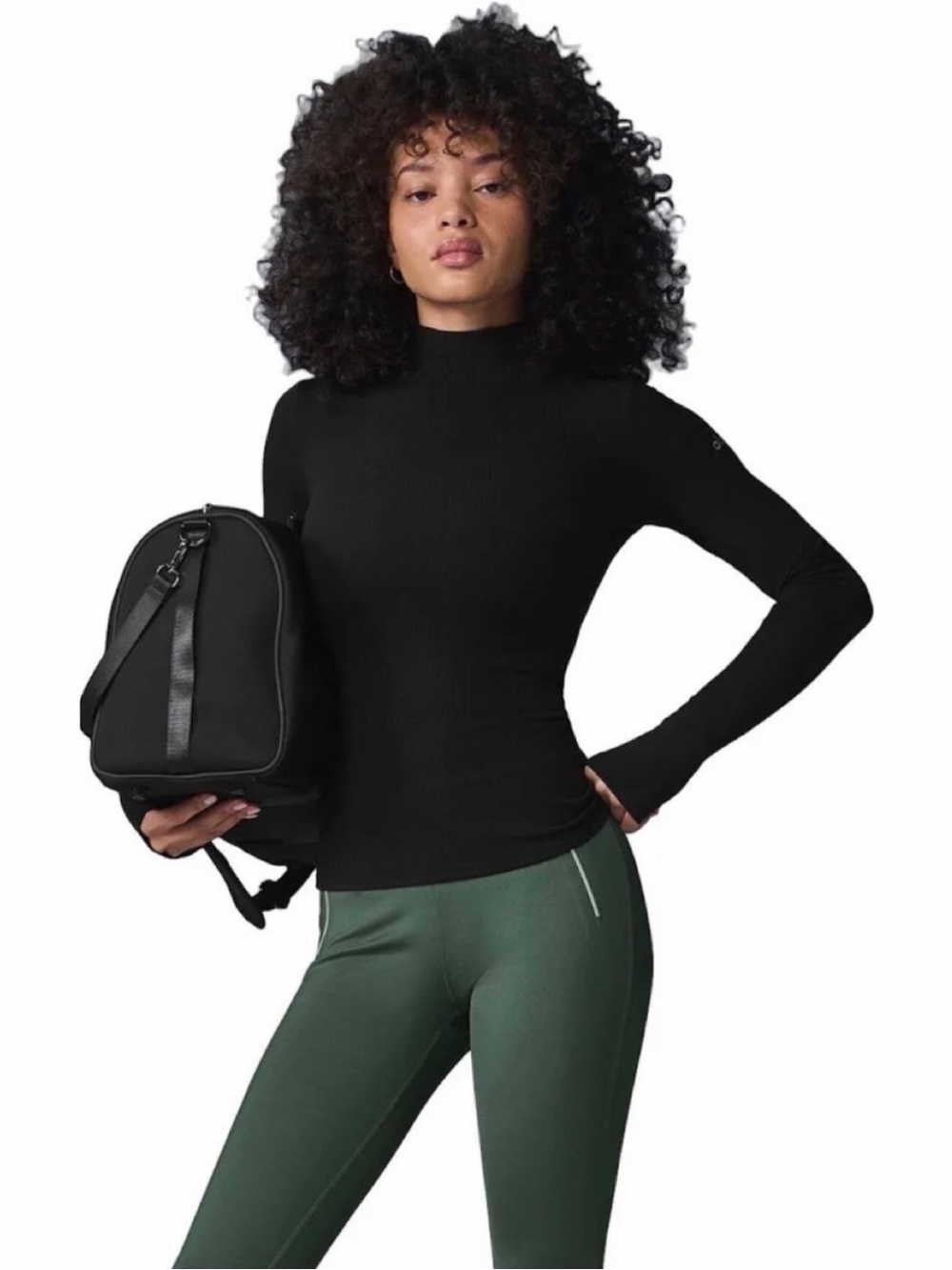 ALO Yoga Black Ribbed Mock Neck Top Thumbholes Size Small